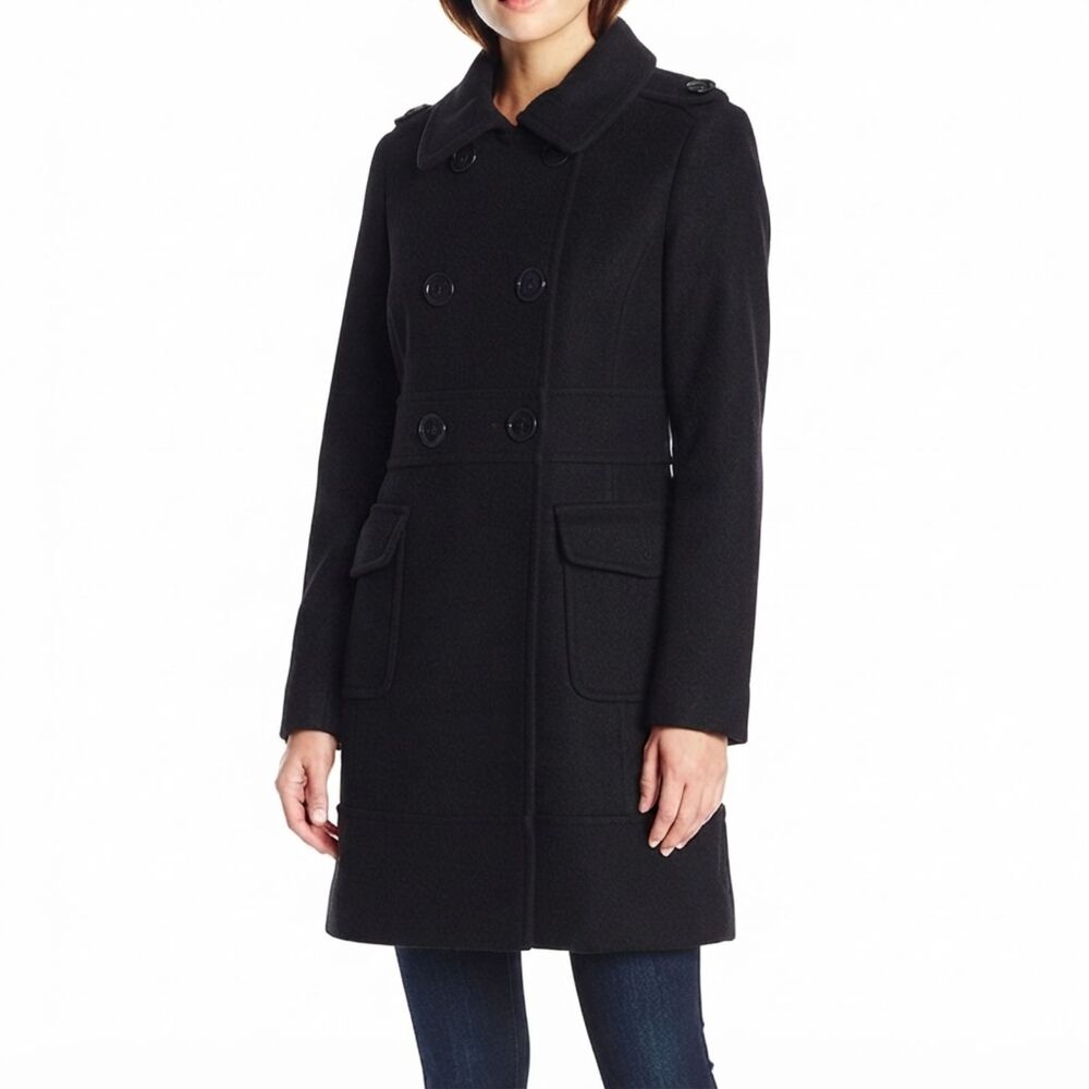 Kenneth Cole Reaction Black Double Breasted Wool Blend Pea Coat Trench Jacket 8
